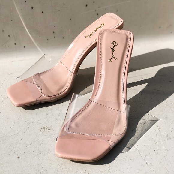 NEW Clear Blush Transparent Band Square Open Toe Slip On Heeled Mules Sandals - Picture 8 of 12